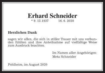 Traueranzeige von Erhard Schneider von Pohlheimer Nachrichten