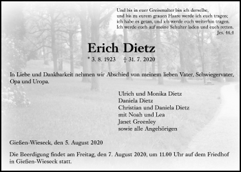 Traueranzeige von Erich Dietz von Giessener Allgemeine, Alsfelder Allgemeine