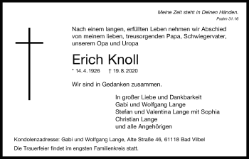 Traueranzeige von Erich Knoll von Bad Vilbel/Karben