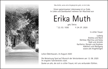 Traueranzeige von Erika Muth von Giessener Allgemeine, Alsfelder Allgemeine