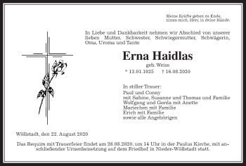 Traueranzeige von Erna Haidlas von Wetterauer Zeitung