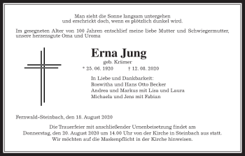 Traueranzeige von Erna Jung von Giessener Allgemeine, Alsfelder Allgemeine