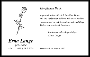 Traueranzeige von Erna Lange von Bad Vilbel/Karben