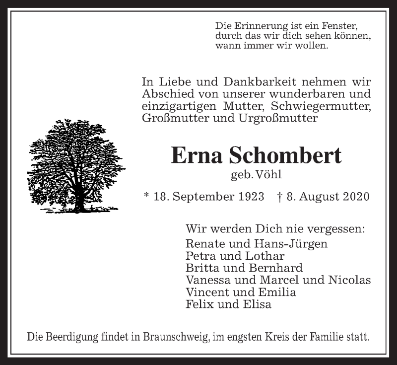  Traueranzeige für Erna Schombert vom 20.08.2020 aus Mücker Stimme