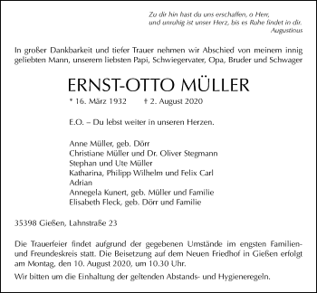 Traueranzeige von Ernst-Otto Müller von Giessener Allgemeine, Alsfelder Allgemeine