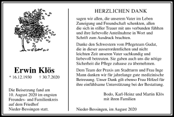 Traueranzeige von Erwin Klös von Licher Wochenblatt