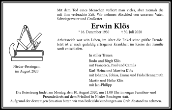 Traueranzeige von Erwin Klös von Licher Wochenblatt