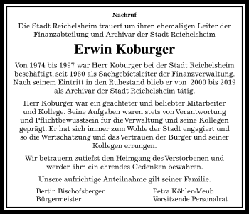 Traueranzeige von Erwin Koburger von Wetterauer Zeitung