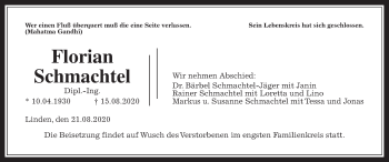 Traueranzeige von Florian Schmachtel von Wetterauer Zeitung, Giessener Allgemeine, Alsfelder Allgemeine
