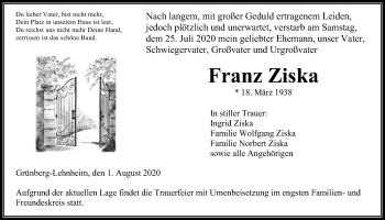 Traueranzeige von Franz Ziska von Giessener Allgemeine, Alsfelder Allgemeine