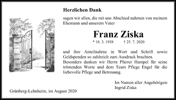Traueranzeige von Franz Ziska von Giessener Allgemeine, Alsfelder Allgemeine