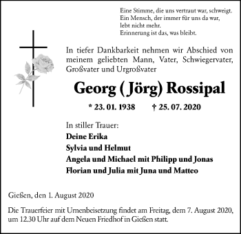 Traueranzeige von Georg Rossipal von Giessener Allgemeine, Alsfelder Allgemeine