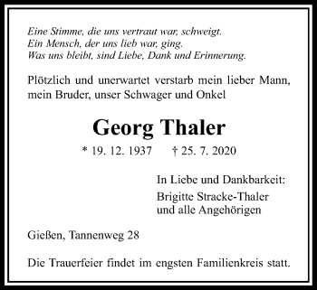 Traueranzeige von Georg Thaler von Giessener Allgemeine, Alsfelder Allgemeine