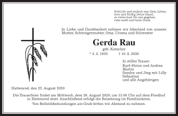 Traueranzeige von Gerda Rau von Giessener Allgemeine, Alsfelder Allgemeine
