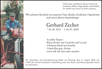 Traueranzeige von Gerhard Zecher von Giessener Allgemeine, Alsfelder Allgemeine