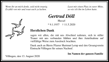 Traueranzeige von Gertrud Döll von Licher Wochenblatt