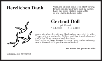 Traueranzeige von Gertrud Döll von Wetterauer Zeitung, Giessener Allgemeine, Alsfelder Allgemeine