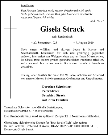 Traueranzeige von Gisela Strack von Giessener Allgemeine, Alsfelder Allgemeine