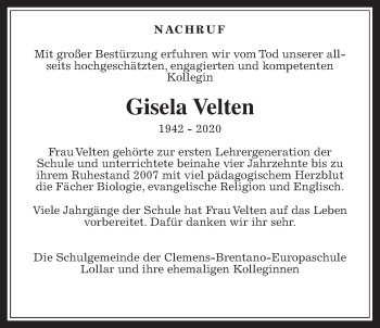 Traueranzeige von Gisela Velten von Giessener Allgemeine, Alsfelder Allgemeine