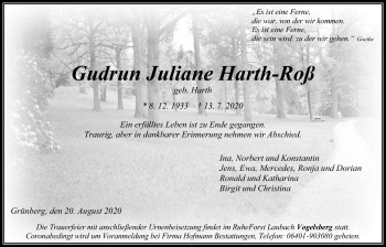 Traueranzeige von Gudrun Juliane Harth-Roß von Giessener Allgemeine, Alsfelder Allgemeine