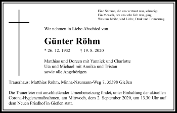 Traueranzeige von Günter Röhm von Giessener Allgemeine, Alsfelder Allgemeine