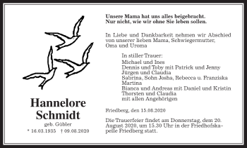 Traueranzeige von Hannelore Schmidt von Wetterauer Zeitung