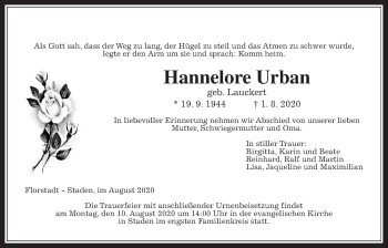 Traueranzeige von Hannelore Urban von Wetterauer Zeitung