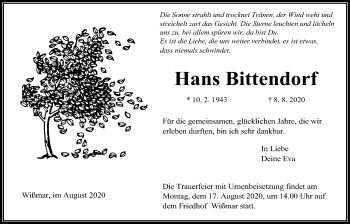 Traueranzeige von Hans Bittendorf von Giessener Allgemeine, Alsfelder Allgemeine