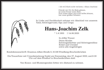 Traueranzeige von Hans-Joachim Zelk von Wetterauer Zeitung