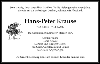 Traueranzeige von Hans-Peter Krause von Bad Vilbel/Karben