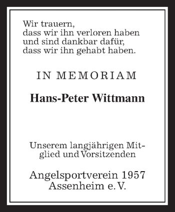 Traueranzeige von Hans-Peter Wittmann von Wetterauer Zeitung