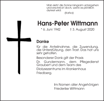 Traueranzeige von Hans-Peter Wittmann von Wetterauer Zeitung