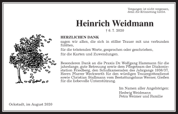 Traueranzeige von Heinrich Weidmann von Wetterauer Zeitung