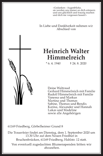 Traueranzeige von Heinrich Walter Himmelreich von Wetterauer Zeitung