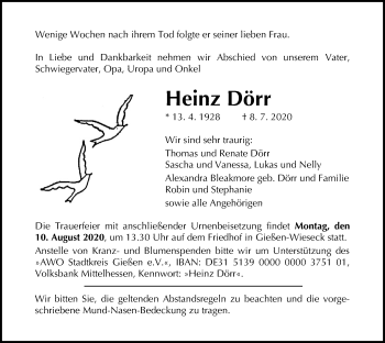 Traueranzeige von Heinz Dörr von Giessener Allgemeine, Alsfelder Allgemeine