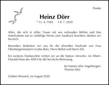 Traueranzeige von Heinz Dörr von Giessener Allgemeine, Alsfelder Allgemeine