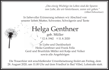 Traueranzeige von Helga Genthner von Bad Vilbel/Karben