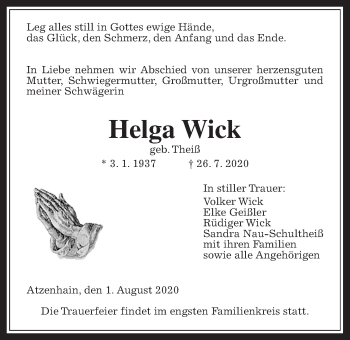 Traueranzeige von Helga Wick von Alsfelder Allgemeine