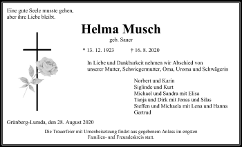 Traueranzeige von Helma Musch von Giessener Allgemeine, Alsfelder Allgemeine