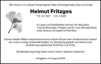 Traueranzeige von Helmut Fritzges von Giessener Allgemeine, Alsfelder Allgemeine