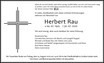 Traueranzeige von Herbert Rau von Giessener Allgemeine, Alsfelder Allgemeine