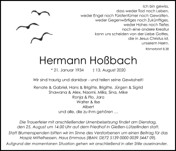 Traueranzeige von Hermann Hoßbach von Giessener Allgemeine, Alsfelder Allgemeine