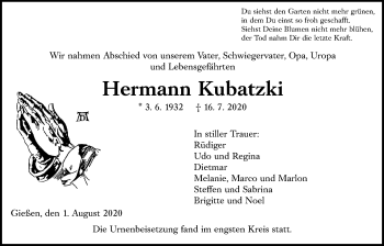 Traueranzeige von Hermann Kubatzki von Giessener Allgemeine, Alsfelder Allgemeine