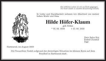 Traueranzeige von Hilde Höfer-Klaum von Giessener Allgemeine, Alsfelder Allgemeine