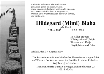 Traueranzeige von Hildegard Blaha von Alsfelder Allgemeine