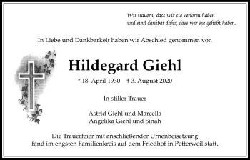 Traueranzeige von Hildegard Giehl von Bad Vilbel/Karben