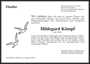Traueranzeige von Hildegard Kömpf von Alsfelder Allgemeine