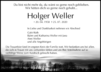 Traueranzeige von Holger Weller von Giessener Allgemeine, Alsfelder Allgemeine