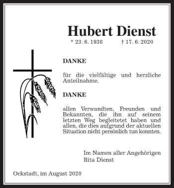 Traueranzeige von Hubert Dienst von Wetterauer Zeitung