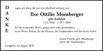 Traueranzeige von Ilse Ottilie Momberger von Giessener Allgemeine, Alsfelder Allgemeine